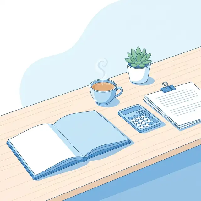 A calm desk with notebook and calculator